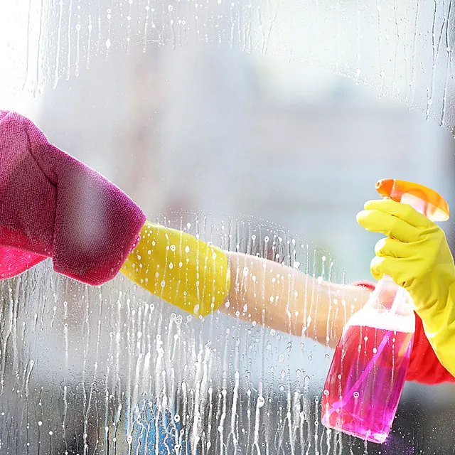 Person die Fenster reinigt, Reinigungsunternehmen